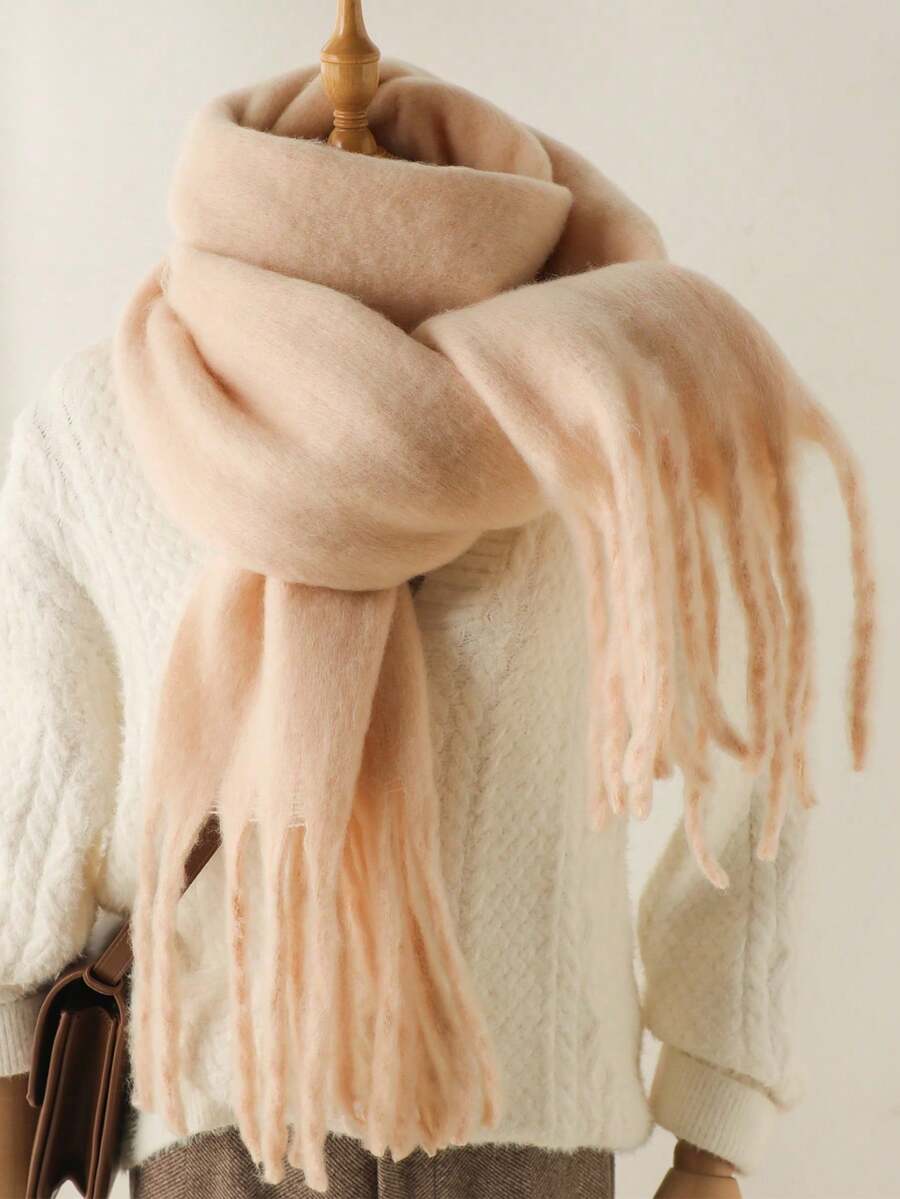 1pc Women's Winter Scarf, Black Faux Cashmere Poncho, Thick & Warm, Women's Fashion Solid Color Tassel Fleece Scarf, Outdoor Women Shawl, Dress Accessory