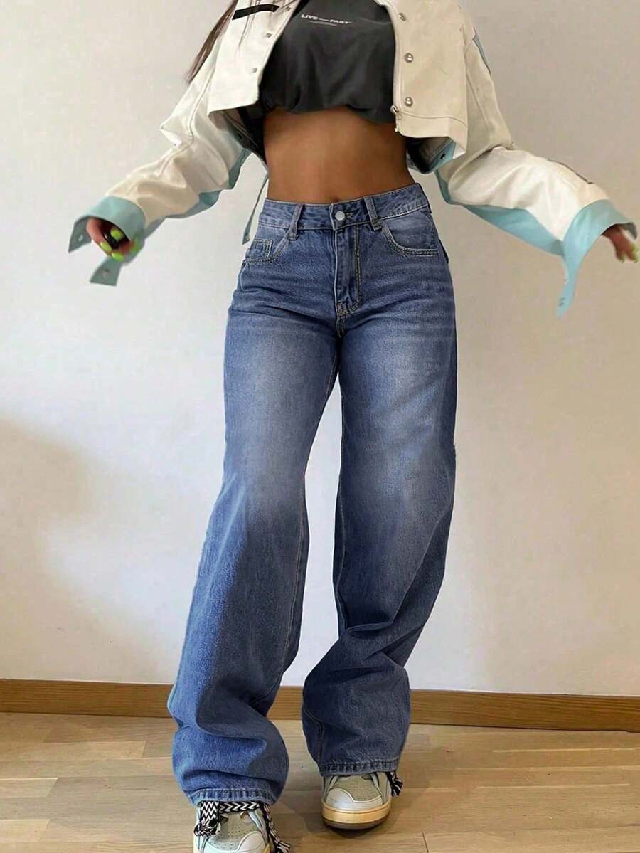 女士复古宽松直筒牛仔裤，休闲春季款 - 藏蓝色 - 查看 1