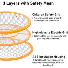 Raqueta Eléctrica Recargable Mata Moscas Y Mosquito Resistencia De Aluminio Cuerpo Plástico Abs Led Indicador De Resistencia En Funcionamiento Led Indicador De Carga Clavija Retráctil - Amarillo - Ver 8