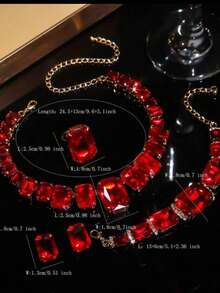 1 pieza Collar de cristal geométrico de alta gama en rojo, verde, blanco, amarillo champán, 1 pieza de aretes de cristal geométricos, 1 pieza Brazalete de cristal con flores, 1 pieza Anillo de cristal geométrico, Juego de 4 piezas de joyería, Accesorios de moda adecuados para vestidos de noche