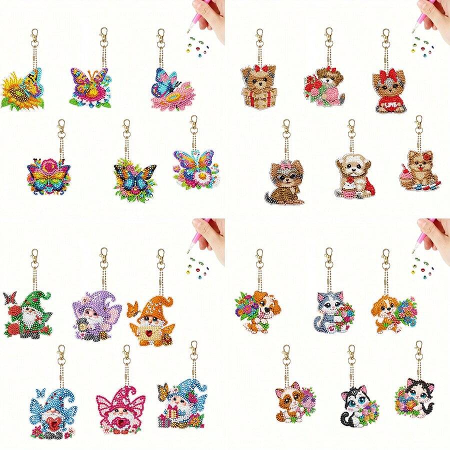 6 piezas Llaveros de arte de diamantes DIY, 4 diseños de patrones diferentes para elegir, decoración de strass asimétrica de doble cara, efecto exquisito, colgante de mochila, adorno colgante de coche, juego de manualidades de mosaico, regalo de Navidad, cumpleaños y decoración