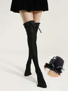 1双女童过膝长袜，带蝴蝶结，白色，洛丽塔风格，荷叶边蕾丝花边。袜子、发饰、发带、胸针、眼镜、学习用品、奖章、伊斯兰头巾、奢华新娘皇冠、女士围巾、袖套、披肩、女士太阳镜、袜子、女士腰带、女士手套、男士太阳镜、舒适袜子 - 彩色 - 查看 3