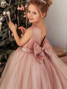 Tween Girls Bowknot Backless Deep V Mesh Princess Dress, Suitable For Easter, Birthday Parties, Pageants, Weddings, Formal Occasions - Pink - View 2