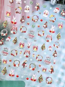 Forest Style Christmas Rabbit Relief Gold Plated Nail Stickers Christmas Tree Wreath Rabbit Small Pattern