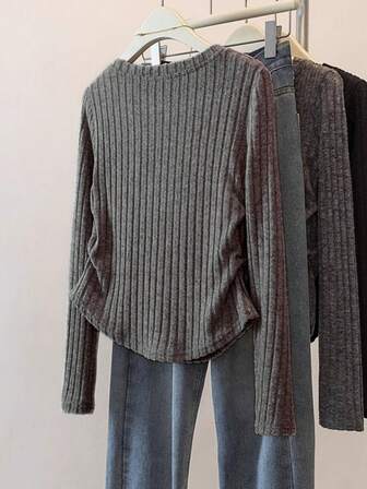 Gray Ribbed Knit Sweater With Butterfly Applique And Pleated Details, Slim Fit
