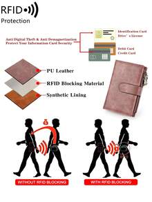 MIYIN 时尚复古女士短款钱包，适合日常使用，多功能大容量三折信用卡夹，RFID 屏蔽钱包，可放置信用卡/身份证/硬币/现金/收据/照片，女士双拉链口袋手拿包，礼物，生日礼物，周年纪念 - 粉色 - 查看 8