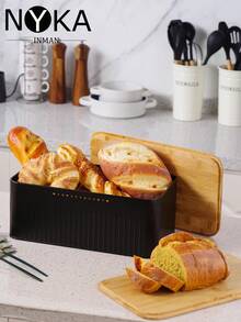 NYKAINMAN Boîte à pain en métal blanc/noir réutilisable avec couvercle en bois - Récipient de rangement de cuisine rectangulaire pour conserver le pain, les toasts, les fruits et les légumes - Multicolore - Voir 4