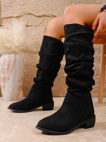 2025新款复古法式优雅长靴简约英伦风修身时尚弹力粗跟高筒靴女 - 黑色 - 查看 2
