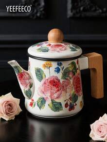 yeefeeco 1PC 1.2L木柄珐琅咖啡壶，玫瑰印花咖啡壶，短木柄珐琅壶，钻石顶玫瑰图案珐琅壶，欧式城堡风格咖啡壶，茶壶，炉头，油壶，调味罐，玫瑰印花糖罐，茶叶罐，咖啡豆罐，调味罐，适用于家庭，咖啡店，庭院，沙特国庆 - Enamel Pot - 查看 3