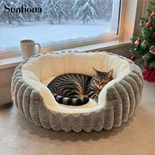 Cama grande y suave para gatos - Sofá acogedor y mullido para perros con respaldo, lavable y antideslizante, cama de poliéster para gatitos y perros pequeños, casa de dormir para mascotas con rayas de piel de conejo, cómoda y acolchada | Antiansiedade, cama para gatitos