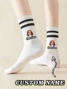 1 Pair Of Women's Mid-Calf Socks With Customized Text, Customized Face Socks, Couple Socks, Customized Photo Socks, Customized Printed Socks, Personalized Funny Face Socks, Customized Picture Socks, Print Any Face Shape On Socks, Anniversary Gift, Valentine's Day Gift, Birthday Gift, Wedding Gift, Mother's Day Gift, Father's Day Gift, Best Friend Gift, Fall Socks - Multicolor - View 3