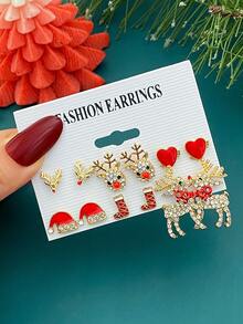 12-36pcs Metal Rhinestone Christmas Santa Claus, Bow, Snowflake, Reindeer Pendant Earrings Set, Unique Jewelry Accessories For Women, Suitable For Christmas, Party, Events