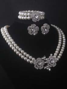 1 Set Bridal Accessories: 2-Row Elastic Bracelet + 2-Row Beaded Necklace + 1 Pair Earrings, Elegant Chain Set For Wedding Dress, Banquet, Ceremony