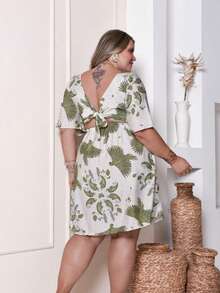 Women's Plus Size Printed Short Midi Dress - Verde EST - Ver 2