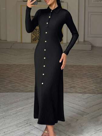 Vestido elegante y sexy de mujer de unicolor, estilo bohemio, acanalado (pana), con botones delanteros, cuello vuelto, manga larga y ajustado, adecuado para el Ramadán, Eid Al-Fitr, Eid Al-Adha, cena formal, oficina, vacaciones, uso diario en otoño/invierno, edad 20-35+