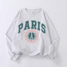 1件女童長袖圓領套頭衫，印有「Paris」圖案，舒適時尚休閒，秋冬新款上衣，適合少女/青少年/青少年女孩 - 灰色 - 查看 2