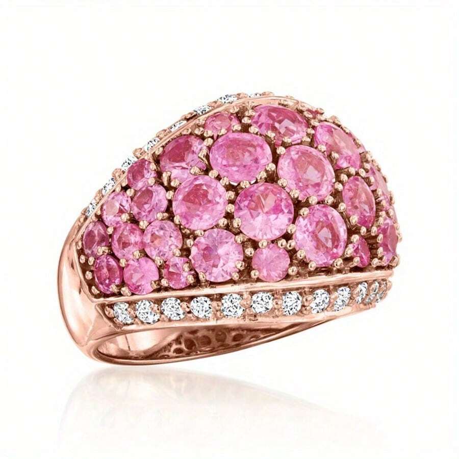 Anillo de banda ancha con micro pavé de lujo con circonita cúbica sintética rosa brillante, anillo de dedo para mujer chapado en oro rosa, joyería nupcial para compromiso, baile de graduación y fiesta de boda
