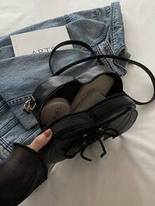 纯色蝙蝠简约纹理新款时尚设计国外风格个性化爱心单肩斜挎女包，情人节 - 黑色 - 查看 7