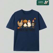 Men's Chi Or Treat Graphic T-Shirt, Halloween Chien Print With Mummy, Pumpkin Head, Skeleton &  Design, Soft  Cotton Casual Tee For Fall, Gift For Chien Lovers, Everyday Wear For Weekend Hangout & Spooky Season - 藏蓝色 - 查看 6