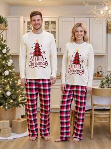 Family Matching Christmas Pajama Set, Christmas Tree Letter Print Long Sleeve Tops And Plaid Pants Holiday Sleepwear Outfits