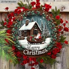 2D plat, 1 panneau en bois de Noël - Scène d'hiver 2D, Père Noël sur un traîneau, maison enneigée et pins, décorations de fête rouges et vertes, convient pour accrocher à la porte ou au mur, ornements de Noël, le meilleur pour Noël