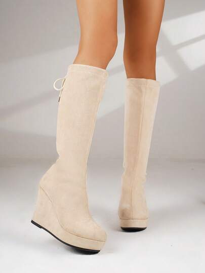 Stivali alti sopra il ginocchio da donna con tacco alto, stivali alla caviglia con punta tonda e platform, stivali a calza con suola spessa e vestibilità aderente