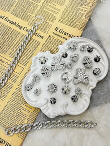 24 szt. DIY: Buty ogrodowe ze srebrnym kryształowym łańcuszkiem, klamrą, kokardą z kryształkami i monetą, ozdobne guziki, zdejmowane akcesoria, odpowiednie do obuwia plażowego, butów z wycięciami, na każdą porę roku, prezentów świątecznych