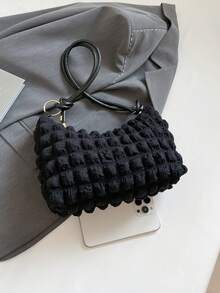 1pc Fashionable Solid Color Pleated Bubble Shoulder Bag, Casual & Versatile Women Shoulder Bags - Black - View 10