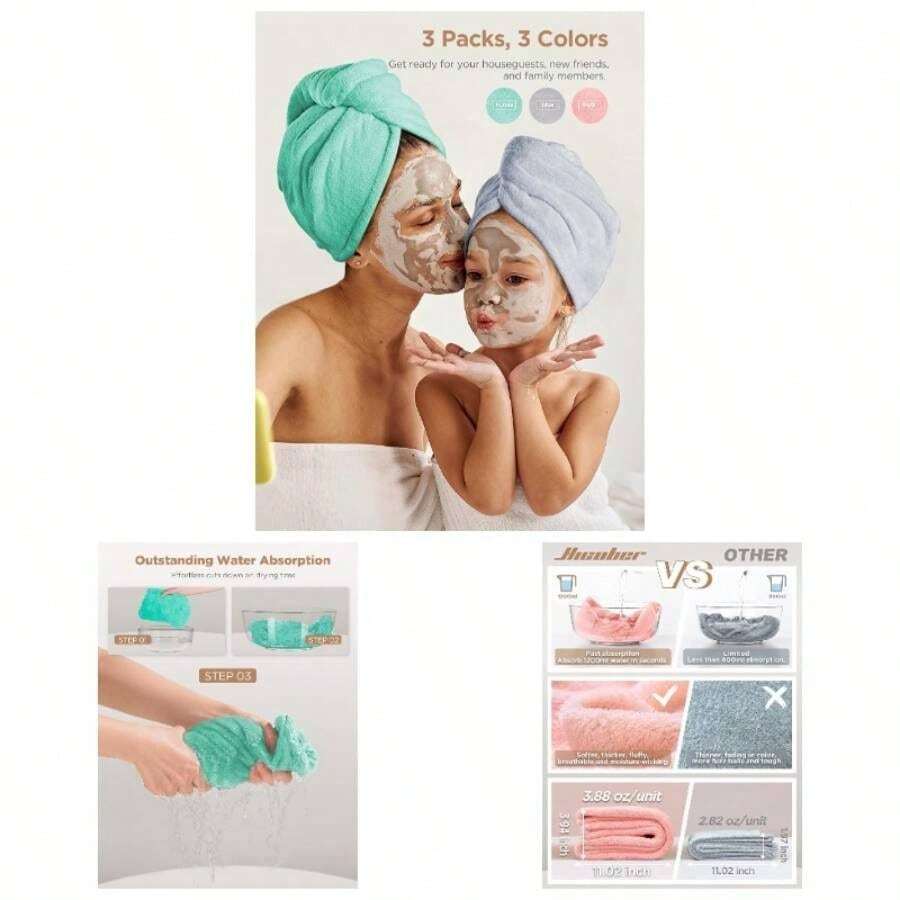 Microfiber Hair Towel, 3 Packs Hair Turbans Wet Hair, Drying Hair Wrap Towels Curly Hair Women Anti Frizz Blue, Pink