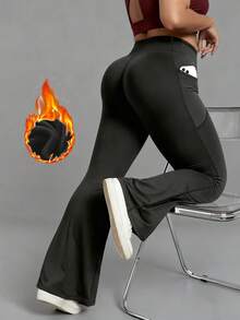 Plus Size Women's Autumn/Winter Flared Pants, Fashionable Workout Thermal Lined High Waist Slimming Yoga Leggings, Casual Skinny Pants With Pockets, Suitable For -5°C - Black - View 3