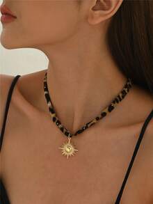 1pc Leopard Printing Necklace, Heart Bow Star Pendent Necklace, Winter Necklace, Daily Accessory, Dating, Party Necklace, Woman Gift Valentines,Mom,Mother,Mother's Day,Gift