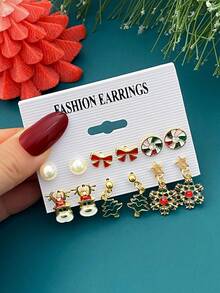 12-36pcs Metal Rhinestone Christmas Santa Claus, Bow, Snowflake, Reindeer Pendant Earrings Set, Unique Jewelry Accessories For Women, Suitable For Christmas, Party, Events
