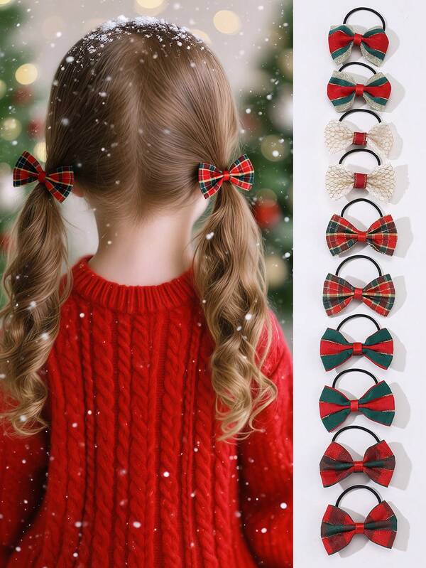 10pcs/Set Girls Christmas Plaid Bow Hair Accessories Set, Suitable For Christmas Decoration And Gift