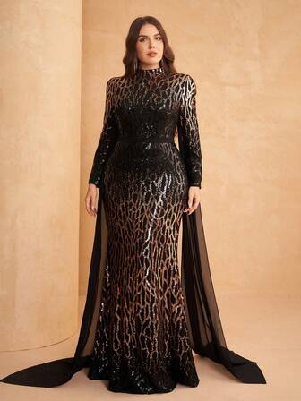 YISIKADO Plusstorlek Dam Formell Bankettklänning Elegant Lyxig Gradient Hög Hals Paljett Kontrast Chiffong Glittrig Klänning Långärmad Födelsedagsfest Bröllopsgäst Examen Middag Ceremoni Fest Ceremoniell Klänning