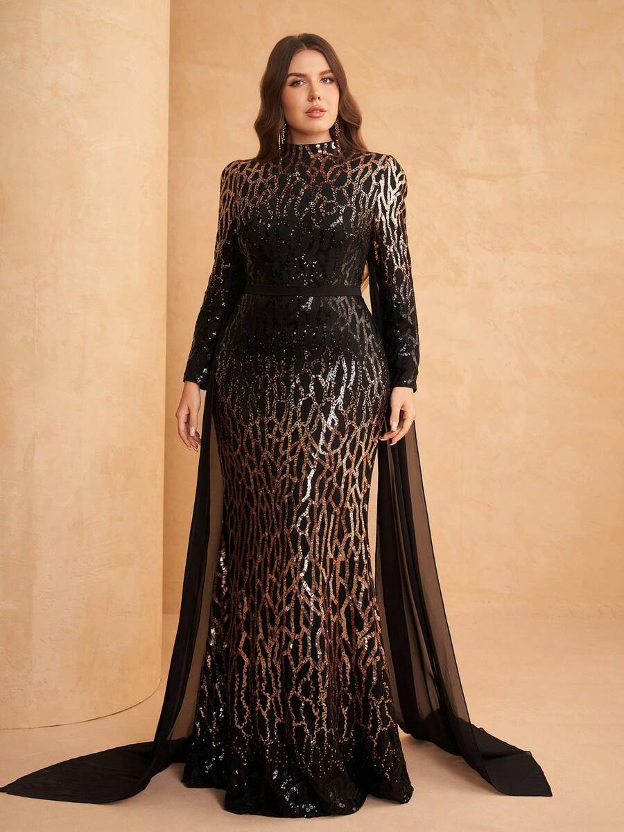 大码女式正式宴会礼服优雅奢华渐变高领亮片撞色雪纺闪光连衣裙长袖生日派对婚礼宾客毕业晚宴庆典礼服