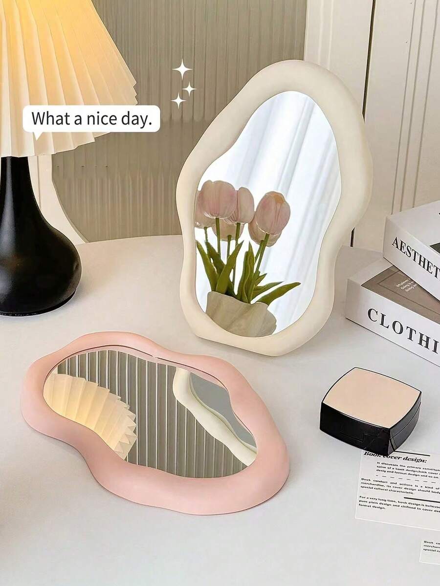 1 Portable Makeup Mirror With A Cloud Pattern Design-Desktop Makeup Mirror, Single-Sided Standing Makeup Mirror, Specially Shaped Wall Decoration Mirror, With A Polished Plastic Frame, Suitable For Dormitories, Offices, Homes, And Travel.