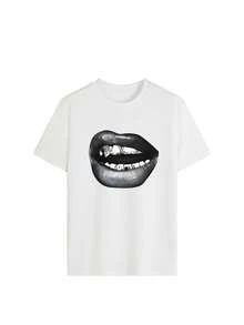 女士夏季休闲个性印花圆领T恤时尚百搭。夏季上衣 白色上衣 粉色上衣