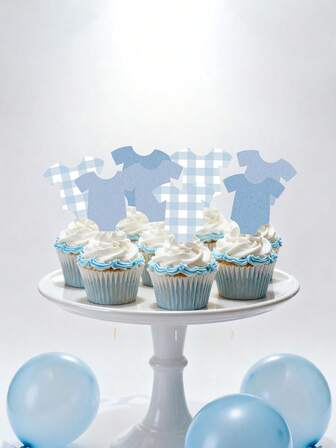 Decoraciones de fiesta con tema de cuadros azules: Toppers de magdalenas con body azul y "Feliz cumpleaños", decoraciones para pastel de baby shower, decoraciones para magdalenas, suministros para decorar pasteles y fiestas para niños y niñas (con palitos y pegamento)