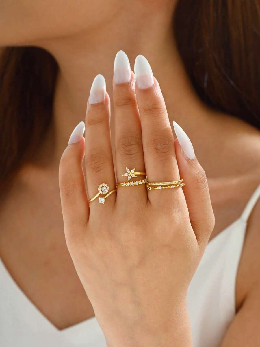 3pcs Minimalist Geometric Zirconia Rings, Women's Daily Party Gift - Yellow Gold - View 1