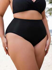 SHEIN Swim Basics 加大码纯色比基尼泳裤，适合海滩和度假，适合夏季海滩度假 - 黑色 - 查看 1