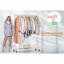 Heavy Duty Clothing Racks Hanging Clothes Rack, 43 Wide Rolling Garment Rack Metal Clothing Hanger Rack With Wheels Wardrobe Rack Coats, Shirts, Dress, Black - Pink + Single Rod - View 5
