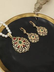 1 套时尚法式浪漫优雅镂空耳环、水钻吊坠项链和珍珠首饰套装，中东沙特阿拉伯热销 2 件女士婚礼节日礼品套装 - 綠色 - 查看 8