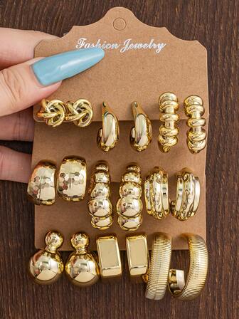 9Pairs Fall/Winter Gold-Tone Chunky Gourd & Caterpillar Hoops Set, Including Oversized C-Shaped Earrings + 3D Knot Studs, Vintage Textured Statement Earring Collection For Women, Must-Have Party & Daily Wear
