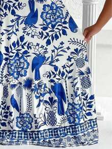 Đầm dài nữ thanh lịch, giản dị, hở lưng, thắt nơ, họa tiết hoa, xếp ly, thích hợp cho kỳ nghỉ hè và tiệc tùng. - Xanh và trắng - Xem 3