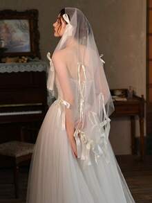 1pc Elegant Butterfly Veil With Long Ribbons, French Retro Bridal Headpiece, Wedding Dress Accessory (Includes 1 Pair Hair Clips)