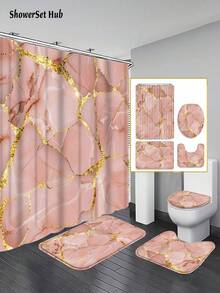 1/3/4 件粉色大理石图案现代浴帘浴室套装，防水耐磨配件，带 12 个挂钩 - 包括马桶座套、浴垫和地毯 - 非涤纶面料 - 可水洗 - 非常适合节日装饰、家居/卧室/房屋/西方装饰， - 彩色 - 查看 7