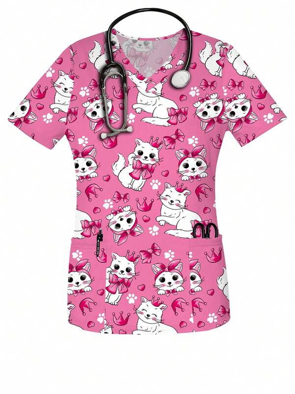 Women's Cute Cat Print Spring & Summer Fall V-Neck Scrub Short Sleeve Nurse Uniform Tops With Pockets For Women