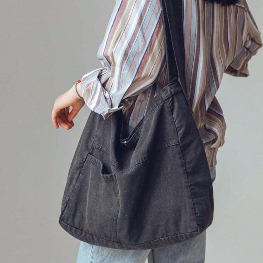 Women Denim Tote Bag Large Capacity Shoulder Purse Lightweight Hobo Bag With Wide Strap - 黑色 - 查看 1