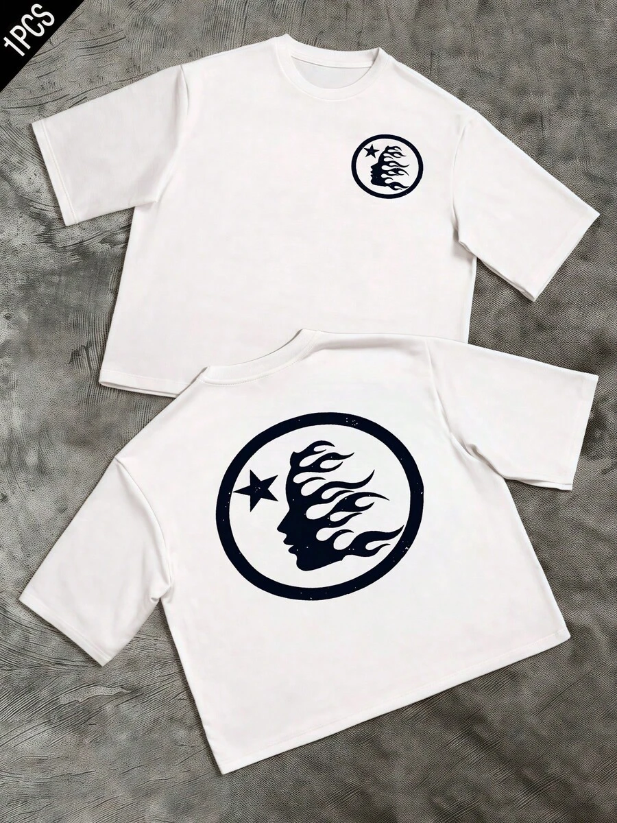 Star Face Flame Double Sided Digital Printed 220g T Shirt 1pcs Size Plus Men's 100% Cotton Casual Tee Streetwear Hip Hop TShirt - White - View 1