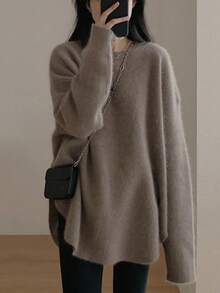 Alicedudu Suéter holgado de estilo minimalista de longitud midi para mujer, apto para otoño/invierno